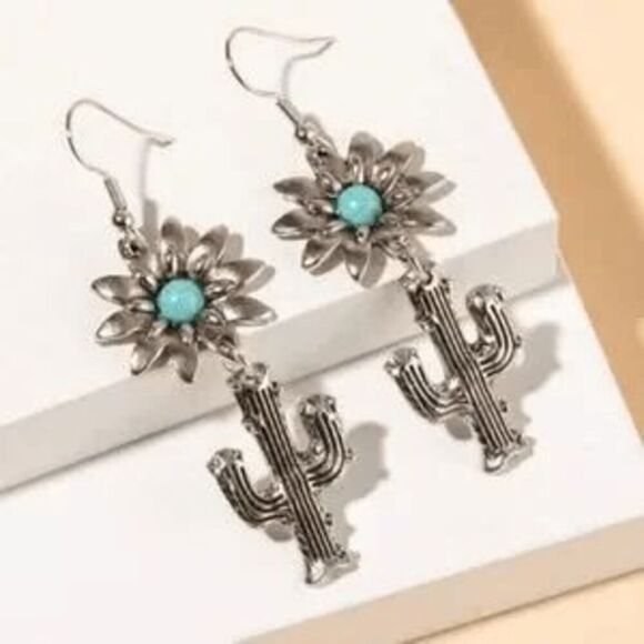 FLOWER CACTUS SILVER TURQUOISE DANGLE EARRINGS - Picture 3 of 9